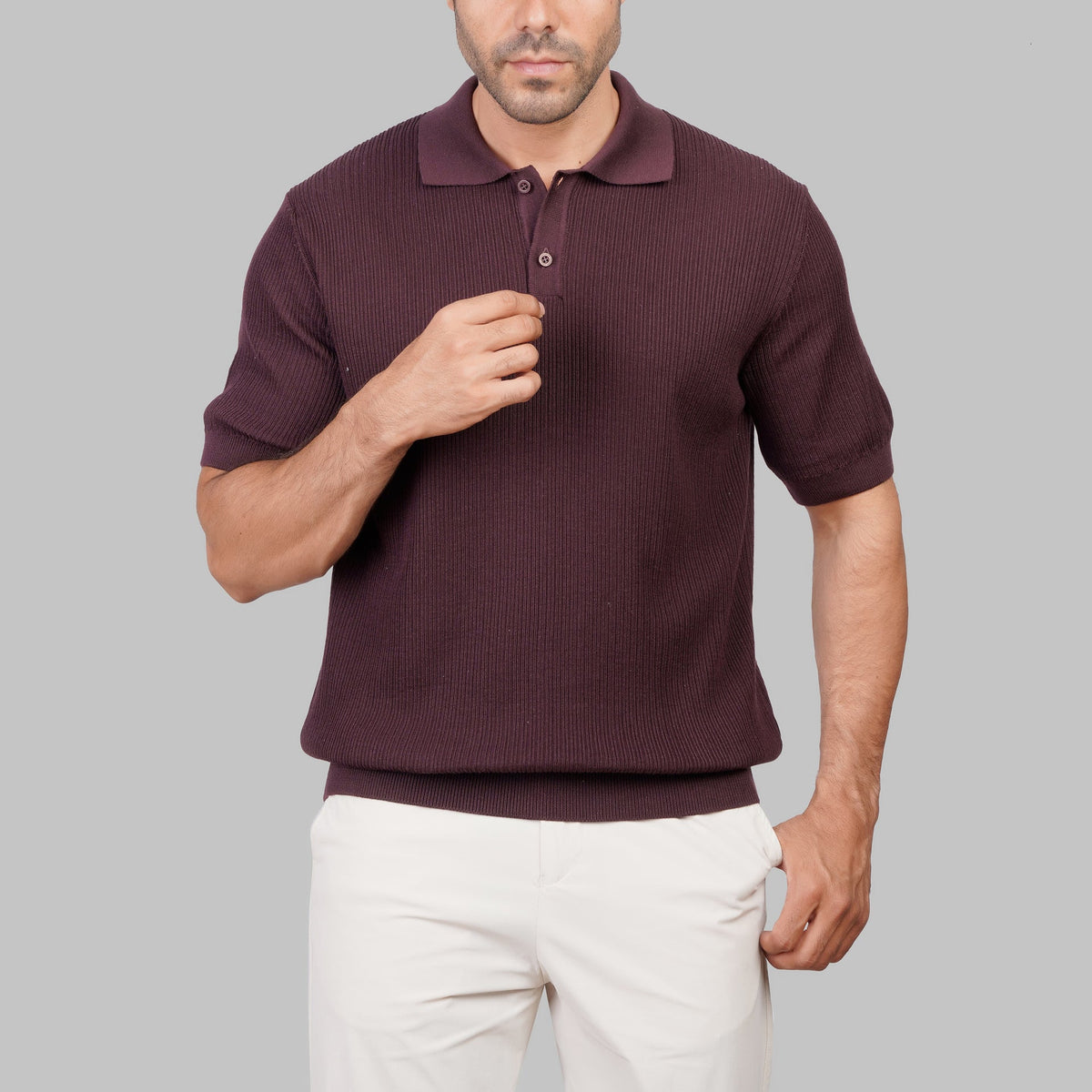 Ribbed Knit Polo Shirt